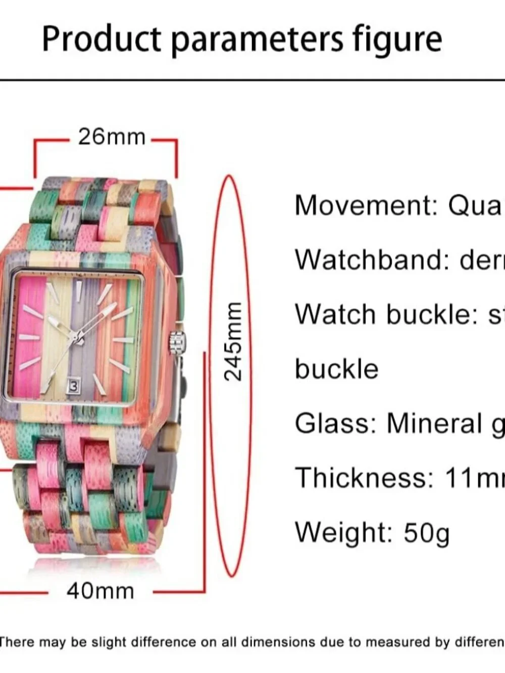 Men's Watch Colorful Multi Wooden Square Handmade Analog Dial Quartz Wristwatch